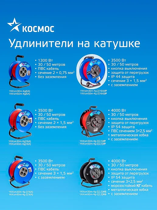 Космос Удлинитель на катушке 50 м уличный ПВС 3х1,5 3500 Вт, 3x1.5, 50 м, фото 7