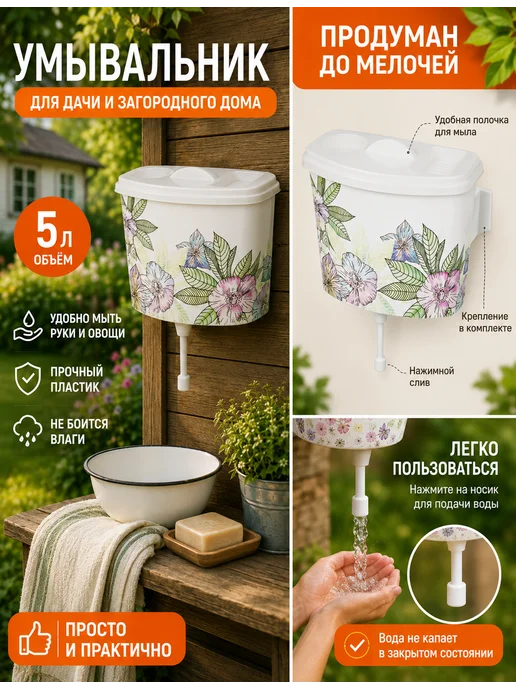 SABURG Умывальник дачный рукомойник уличный 5 литров, белый, фото 3