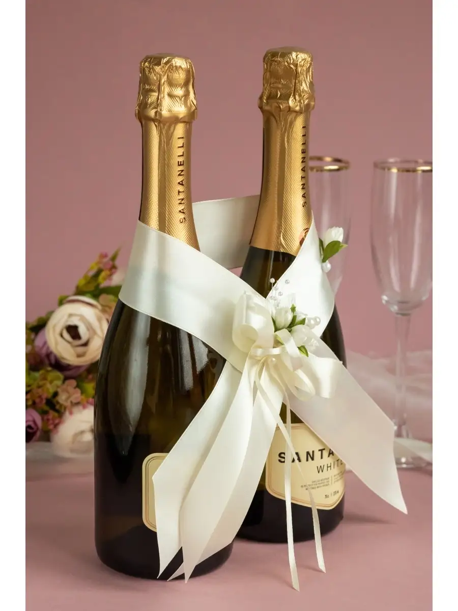 Украшение для шампанского на свадьбу, оформление свадебного шампанского молодоженов