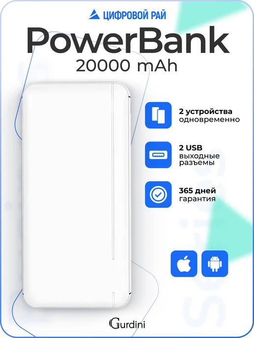 Gurdini Повербанк 20000 mAh внешний аккумулятор для телефона, белый