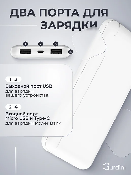 Gurdini Повербанк 10000 powerbank для телефона, белый, фото 4