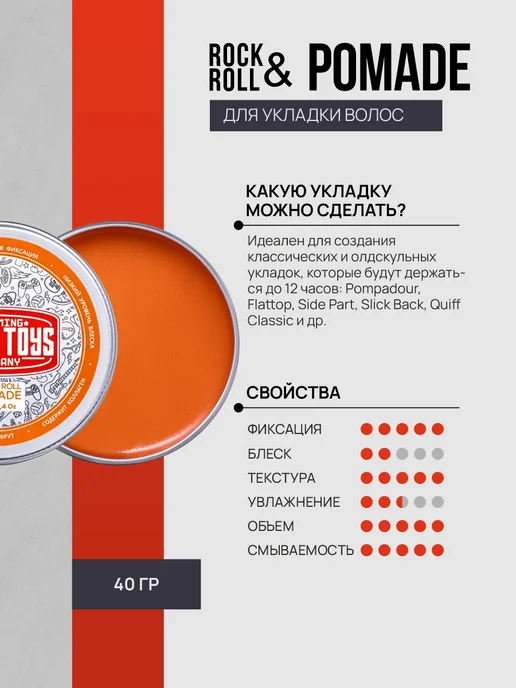 BOY'S TOYS Помада для волос сильной фиксации Rock & Roll Pomade, 40 г, 40 г, фото 3