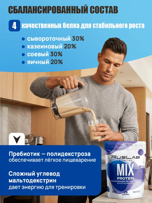 Ruslabnutrition Протеин многокомпонентный MIX для мышечной массы капучино, вариант, фото 2
