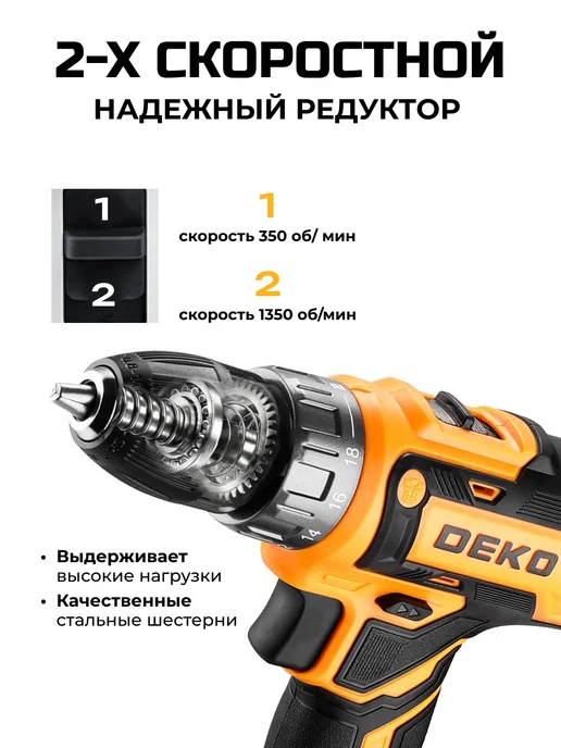 DEKO Дрель-шуруповерт аккумуляторная 20В, набор 63шт, в кейсе, 63 шт, фото 7