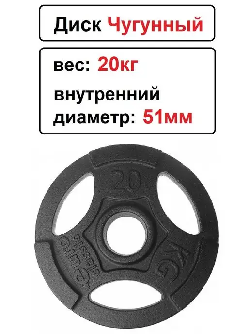Sportlim Диск чугунный Euro classic 20кг 51мм, 20 кг, фото 2