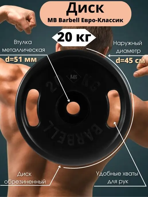 MB-Barbell Диск 15кг MB Barbell Евро-Классик 51мм, 20 кг