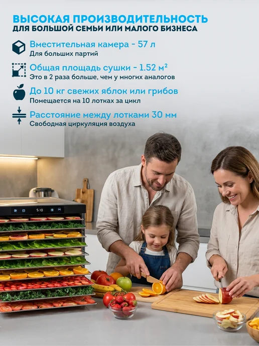 Сушилка для овощей и фруктов RAWMID Dream PRO 2 DDP-10 (стальной) / Дегидратор, температура 35-80 градусов, таймер 24 часа, мощность 1100вт, сенсорное управление, Максимальная версия., серый, фото 6