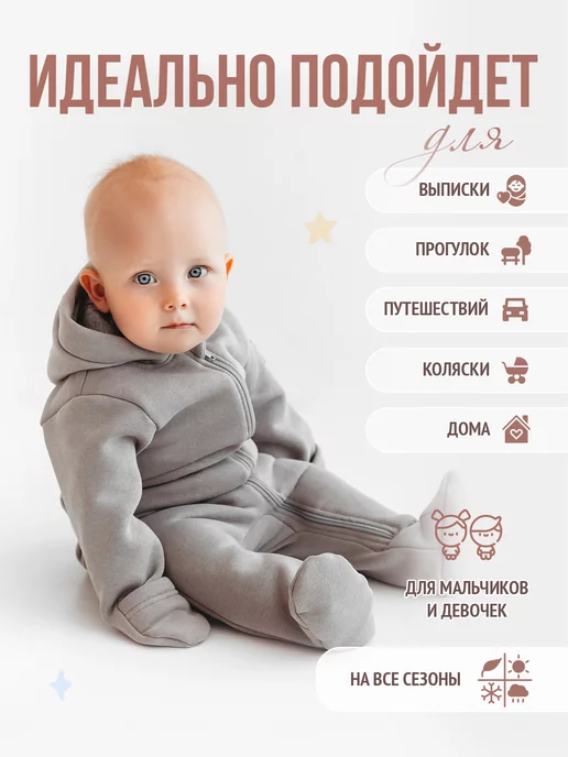 Бэбилита Комбинезон для новорожденных из футера с начесом детский, серый, фото 6