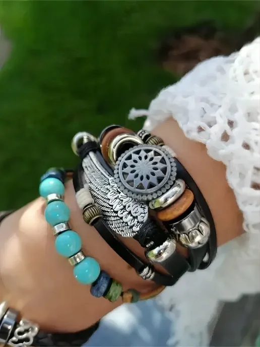 Носикулон Бохо браслет с крылом, втулками шариками "Ethnic Color", голубой, фото 2