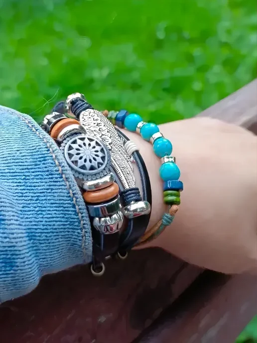 Носикулон Бохо браслет с крылом, втулками шариками "Ethnic Color", голубой, фото 3