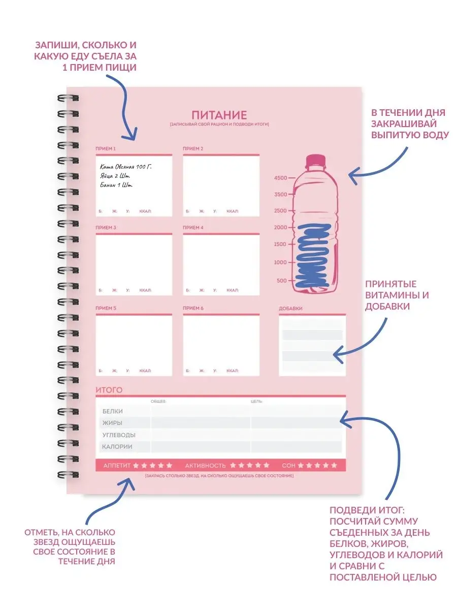 Дневник тренировок и питания для фитнеса / фитнес ежедневник / блокнот для  спорта / трекер привычек GP SPORT 27512927 купить в интернет-магазине  Wildberries