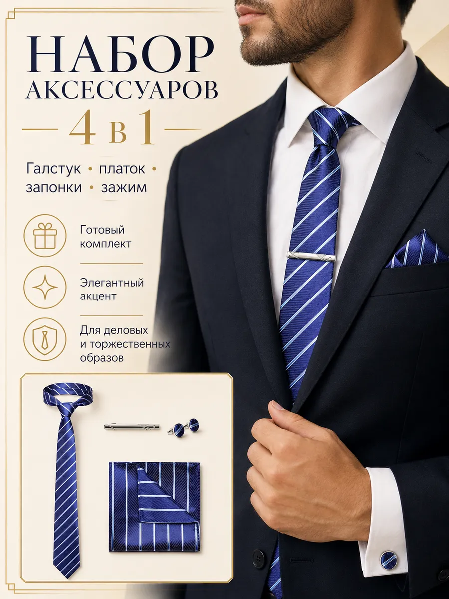 Галстук нагрудный платок запонки зажим в наборе классический
