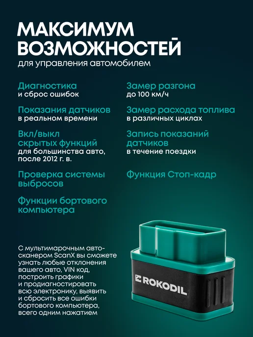 Rokodil Автосканер для диагностики автомобиля, OBD2 сканер, ScanX, черный, фото 3