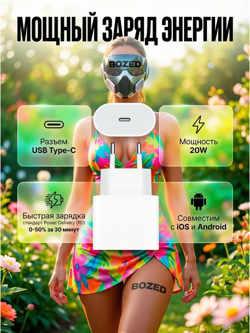 BOZED Блок питания 20 Вт USB Type-C PD для iPhone, Android, 20 Вт, фото 3