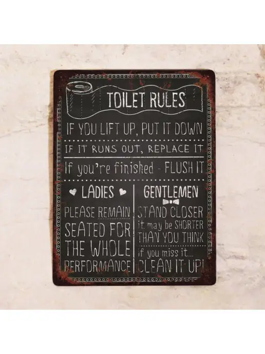 Декоративная жесть Табличка для туалета Toilet rules, металл, 20х30 см, 20x30 см